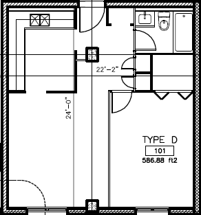 Floor plan for 1 bed, 1 bath, 587 sqft